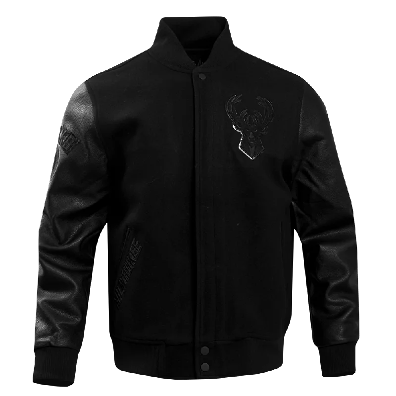NBA MILWAUKEE BUCKS TRIPLE BLACK PRO MEN'S VARSITY JACKET (TRIPLE BLACK) Faux Fur Jacket Real Fur Jacket Shearling Jacket