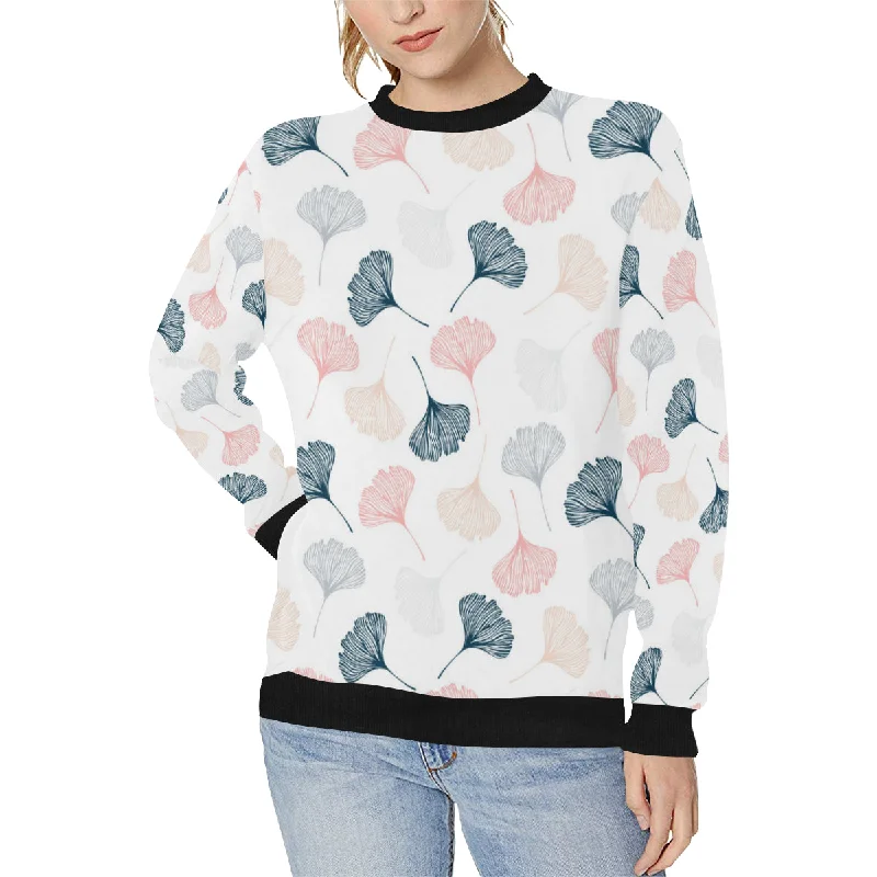 Black Gray Cream coral ginkgo leaves pattern Women's Crew Neck Sweatshirt Hoodie with Turtle Neck Cozy Winter