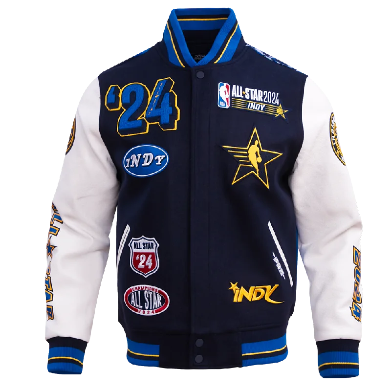 NBA ALL STAR GAME 2024 MEN'S WOOL VARSITY JACKET (MIDNIGHT NAVY/ROYAL BLUE) Nylon Fabric Polyester Fabric Spandex Fabric