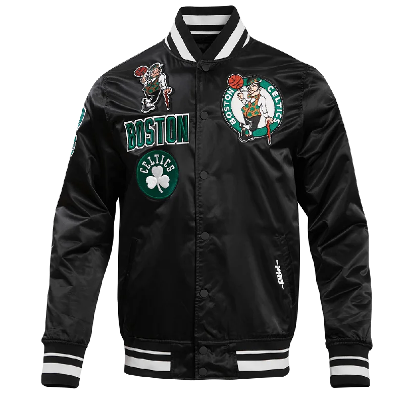 NBA BOSTON CELTICS RETRO CLASSIC MEN'S RIB SATIN JACKET (BLACK) Rayon Fabric Velvet Fabric Corduroy Fabric