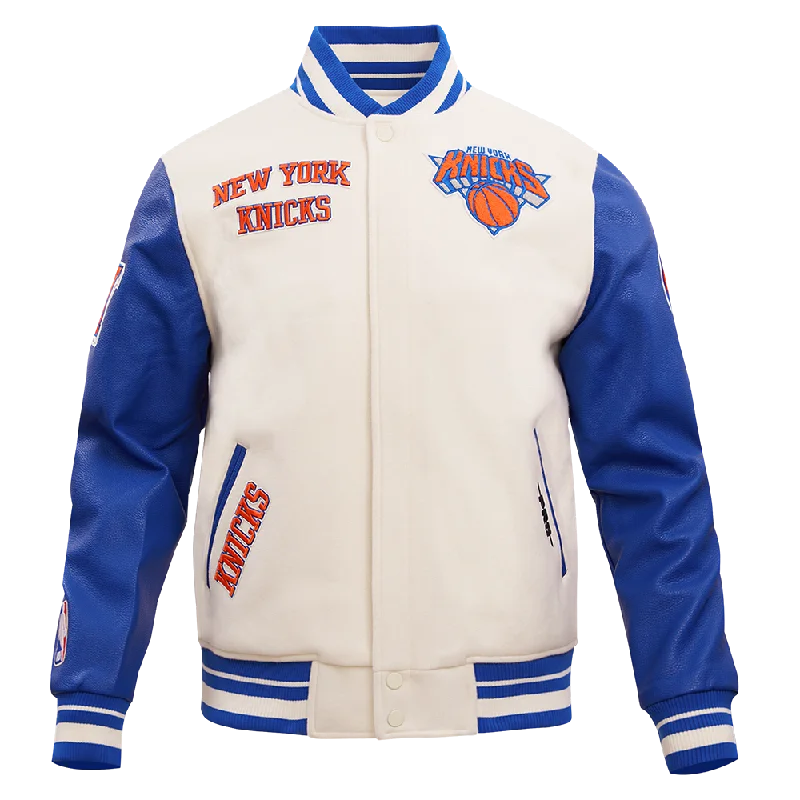 NBA NEW YORK KNICKS RETRO CLASSIC MEN'S RIB WOOL VARSITY JACKET (EGGSHELL/ ROYAL BLUE) Faux Fur Jacket Real Fur Jacket Shearling Jacket