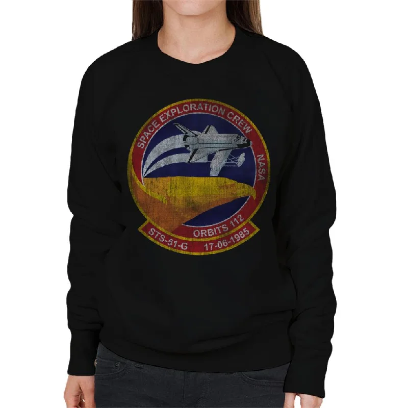 NASA STS 51 G Discovery Mission Badge Distressed Women's Sweatshirt Hoodie with High Neck Warm Protective