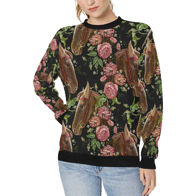 Horse head wild roses pattern Women's Crew Neck Sweatshirt Hoodie with Neon Bright Vibrant