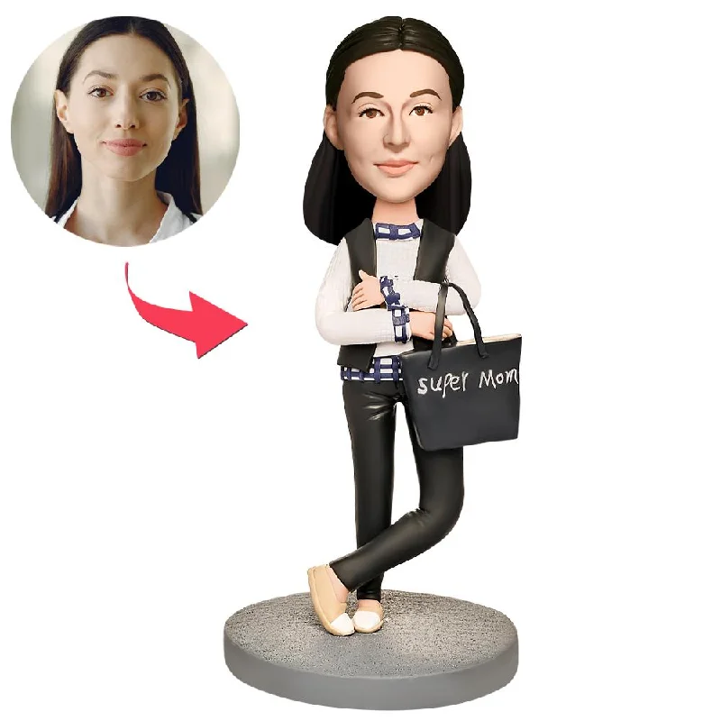 Mom in a Black Jacket Custom Bobblehead with Engraved Text Print Jacket Jacquard Jacket Embroidered Jacket
