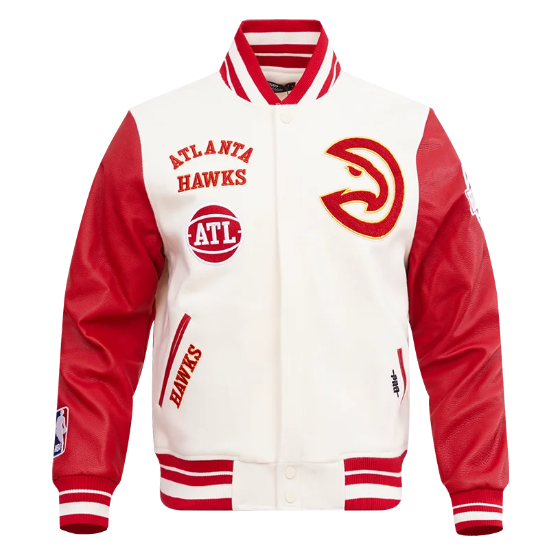NBA ATLANTA HAWKS RETRO CLASSIC MEN'S RIB WOOL VARSITY JACKET (EGGSHELL/ RED) Satin Jacket Silk Jacket Chiffon Jacket