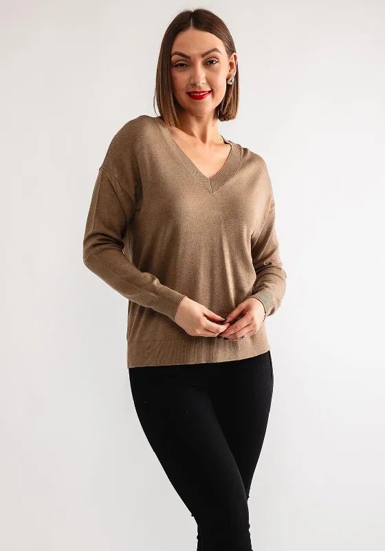 b.young Morla V Neck Sweater, Brown Denim Fabric Leather Fabric Suede Fabric