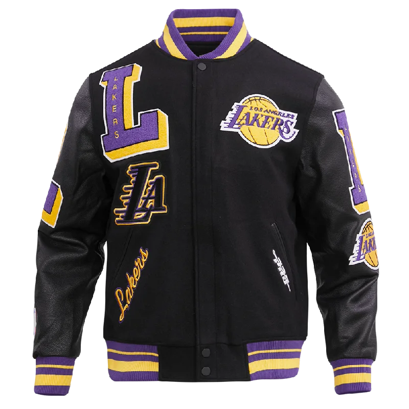 NBA LOS ANGELES LAKERS MASHUP MEN'S RIB WOOL VARSITY JACKET (BLACK/PURPLE) Front Pockets Side Pockets Patch Pockets