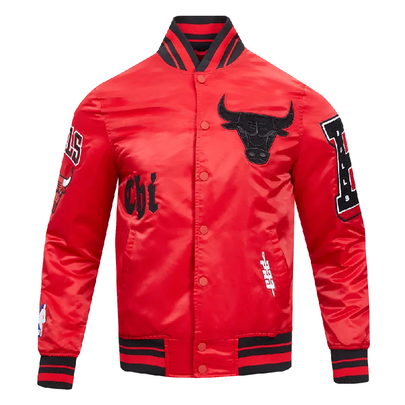 NBA CHICAGO BULLS OLD ENGLISH MEN'S LOGO SATIN JACKET (RED/BLACK) V-Neck Jacket Boat Neck Jacket Square Neck Jacket
