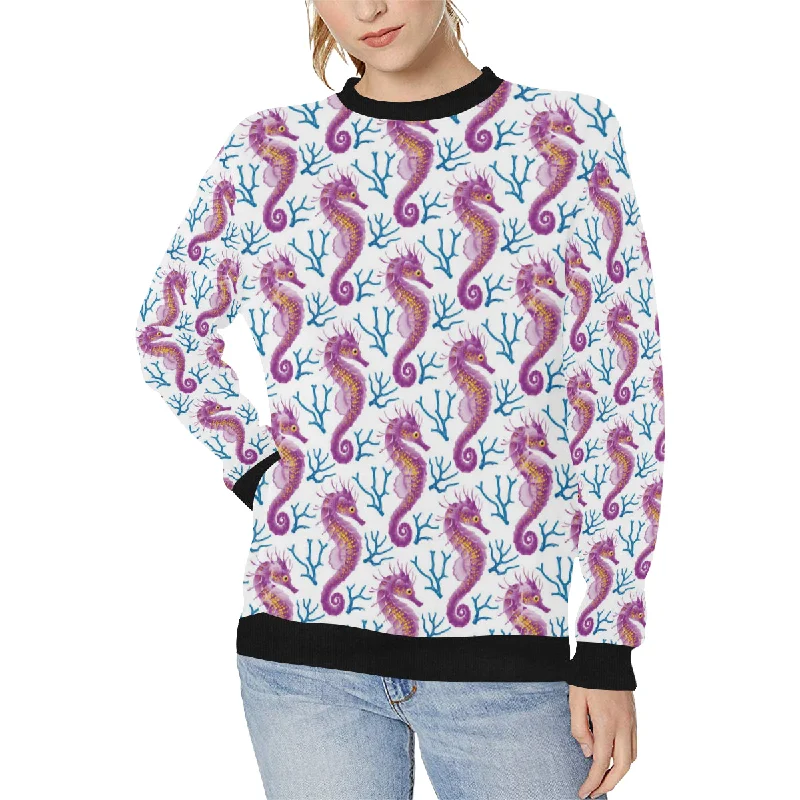 Purple seahorse blue coral pattern Women's Crew Neck Sweatshirt Hoodie with Tied Waist Feminine Flattering