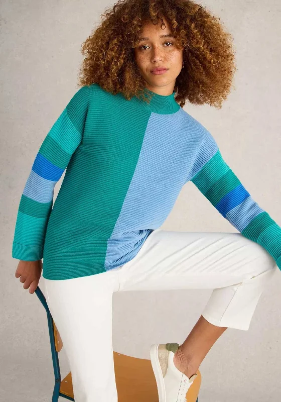 White Stuff Jana Colour Block Jumper, Teal Multi Zippered Front Buttoned Front Snap Front