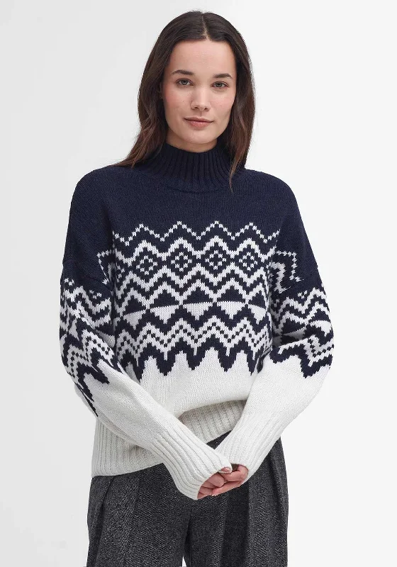 Barbour Gwyn Knitted Fairisle Jumper, Navy and White Graphic Sweater Embroidered Appliqued