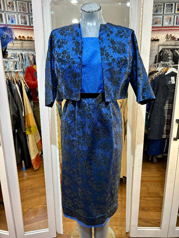 60s Black And Blue Lace Dress And Cropped Jacket Set Welt Pockets Slit Pockets Flap Pockets