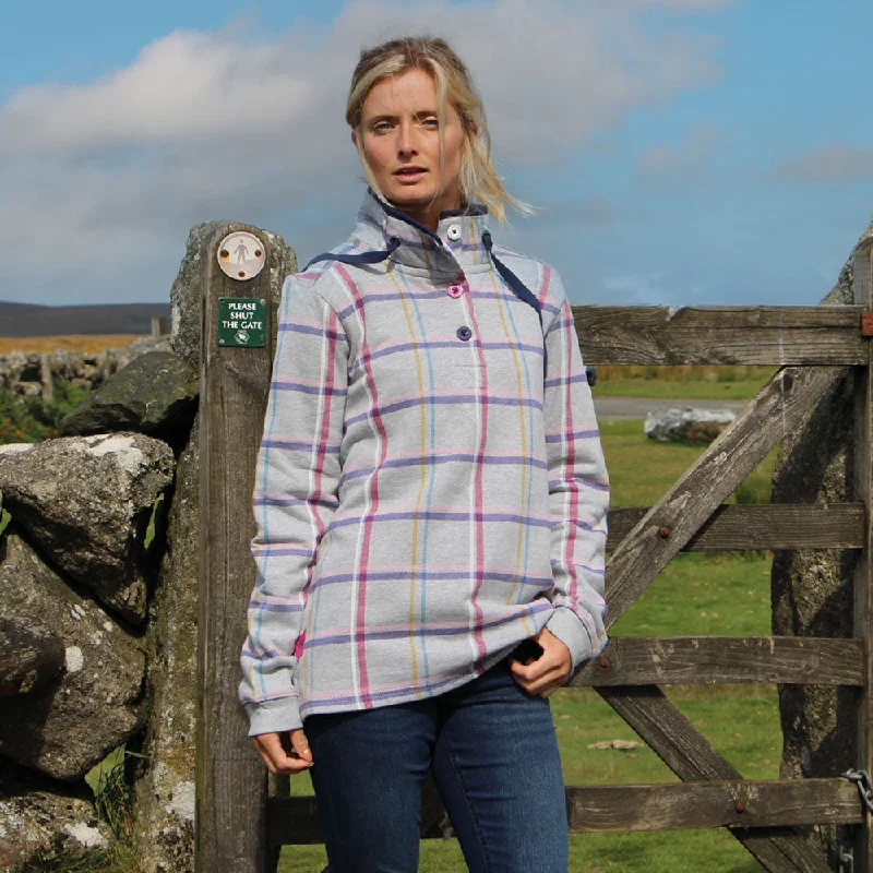LJ14 - Ladies Patterned Button Neck Sweatshirt - Plaid Grey Marl Hoodie with Toggle Buttons Decorative Unique