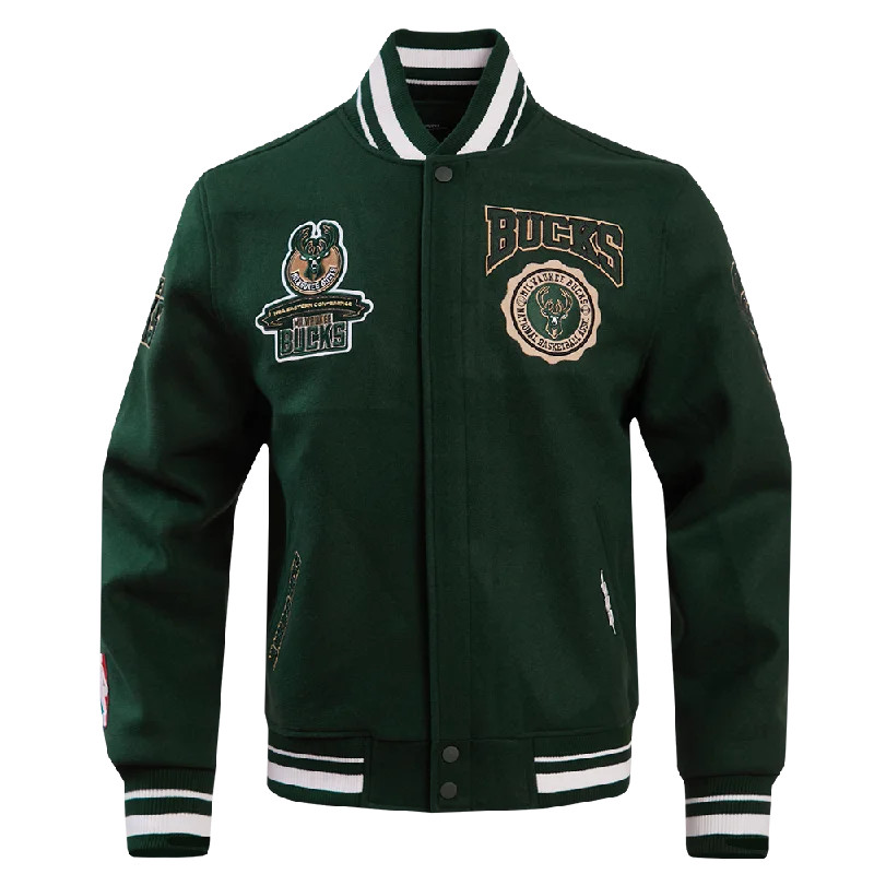 NBA MILWAUKEE BUCKS CREST EMBLEM RIB WOOL VARSITY JACKET (FOREST GREEN) Ribbed Jacket Pleated Jacket Ruffled Jacket