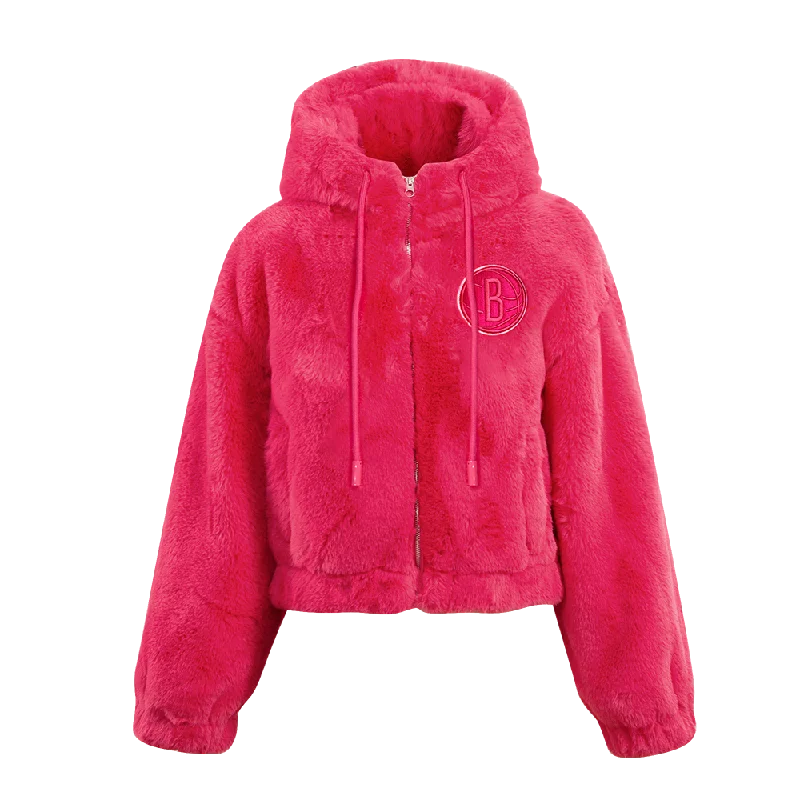 NBA BROOKLYN NETS PINK CLOUD WOMEN'S  FAUX FUR JACKET (BEETROOT PURPLE) Notch Collar Jacket Peter Pan Collar Jacket Cowl Neck Jacket
