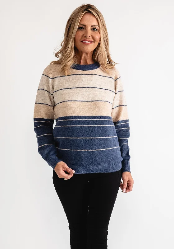 Fransa Ellis Striped Colour Block Knit Jumper, Blue Fitted Slim Tailored