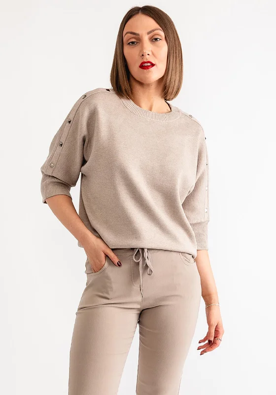 Freequent Ani Studded Short Sleeve Sweater, Taupe Ribbed Striped Patterned