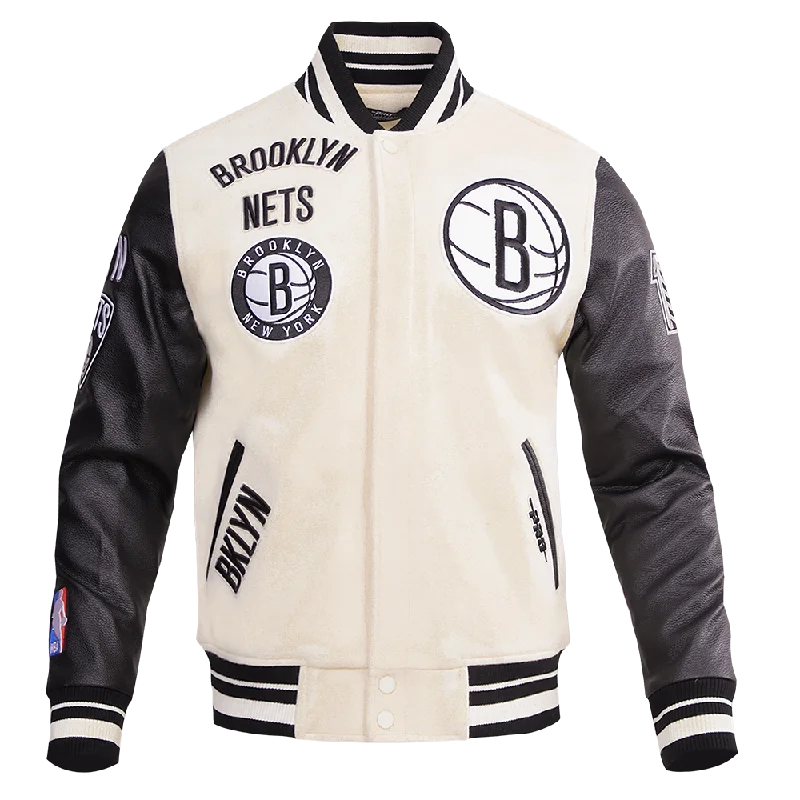 NBA BROOKLYN NETS RETRO CLASSIC MEN'S RIB WOOL VARSITY JACKET (EGGSHELL/ BLACK) Mesh Jacket Canvas Jacket Denim Jacket