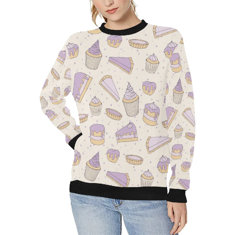 Cakes pies tarts muffins and eclairs purple bluebe Women's Crew Neck Sweatshirt Hoodie with Ribbed Hem Stretchable Secure