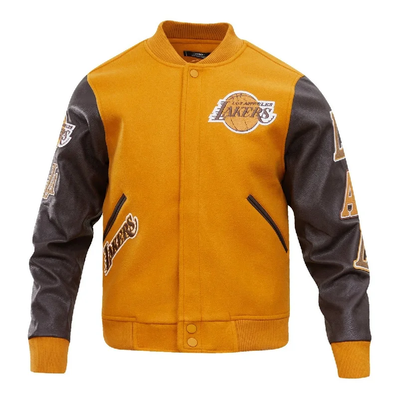 NBA LOS ANGELES LAKERS CLASSIC WOOL MEN'S VARSITY JACKET (BROWN) Front Pockets Side Pockets Patch Pockets