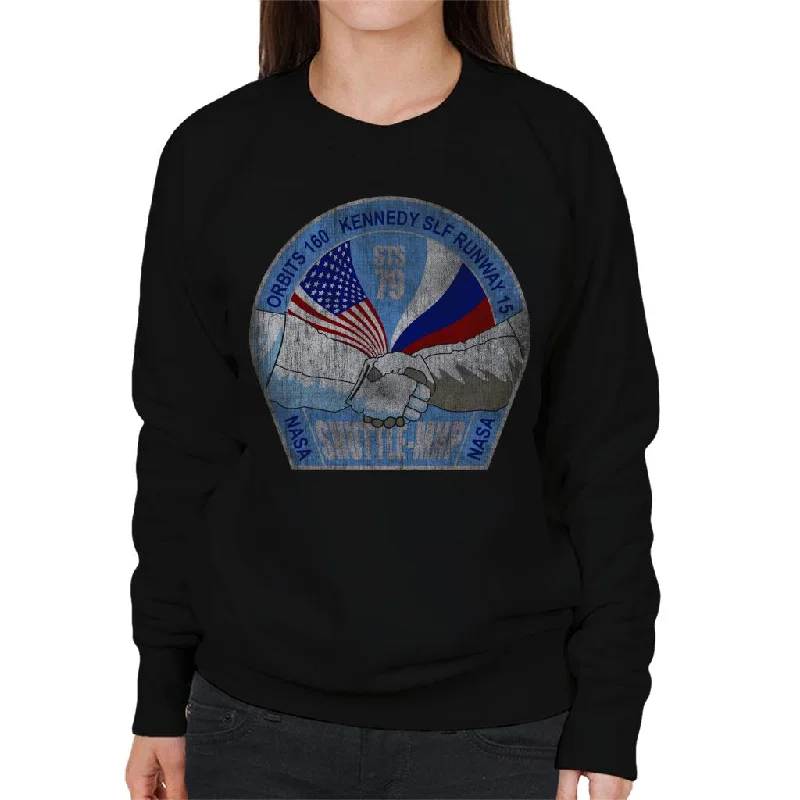 NASA STS 79 Atlantis Mission Badge Distressed Women's Sweatshirt Hoodie with Drawcord Adjustable Secure