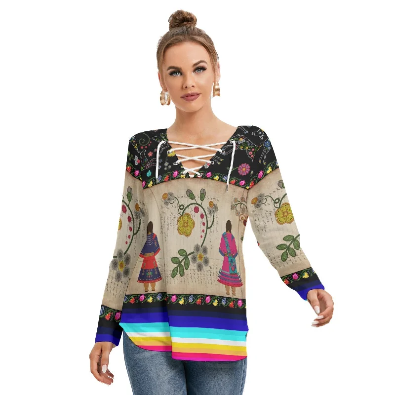 Floral Ledger Sisters Women's Long Sleeve Neckline Tie Sweatshirt Hoodie with Hem Fringe Bohemian Relaxed