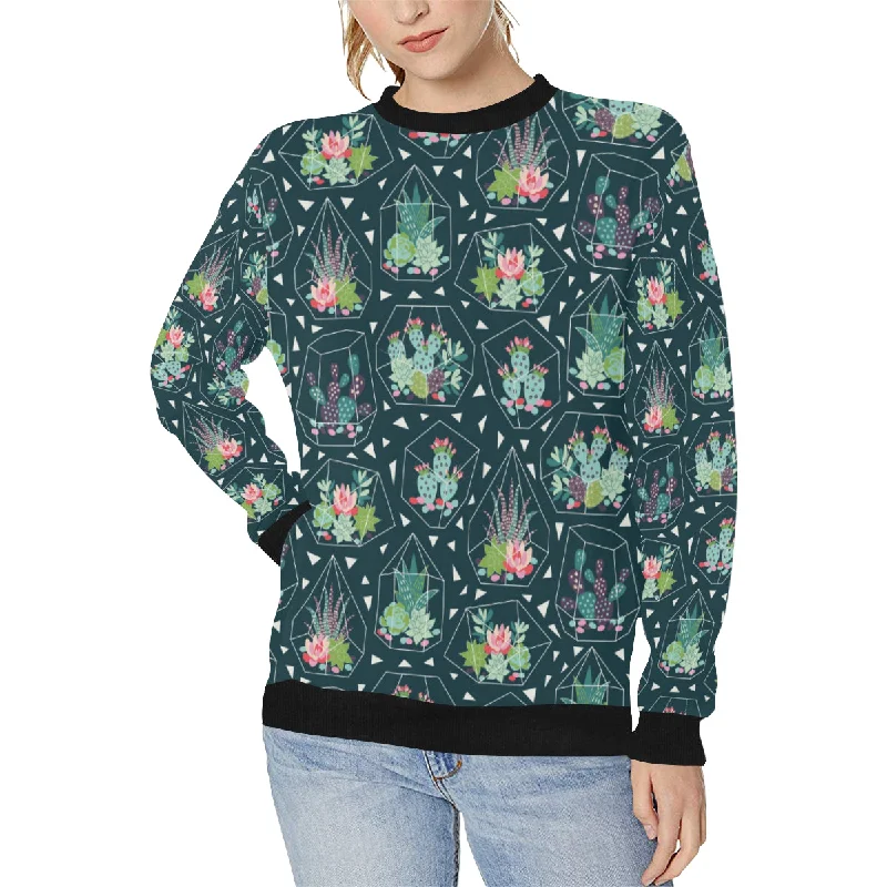 Cactus glass terrarium pattern Women's Crew Neck Sweatshirt Hoodie with Monochrome Minimalist Simple