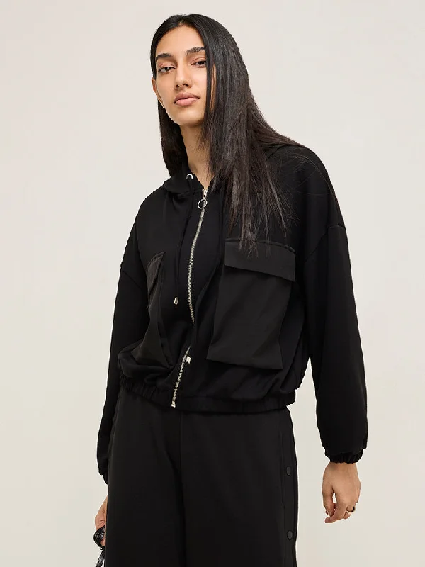 LOV Black Solid Jacket Stand-Up Collar Roll-Neck Collar Turtle Neck