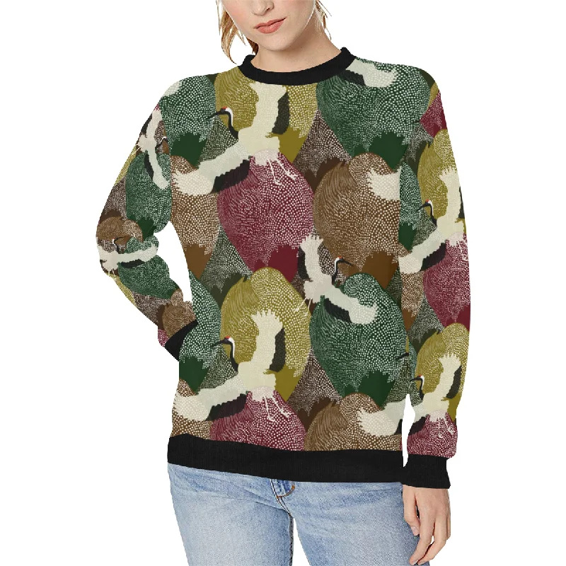 Japanese cranes flying forest dot pattern Women's Crew Neck Sweatshirt Hoodie with Toggle Buttons Decorative Unique