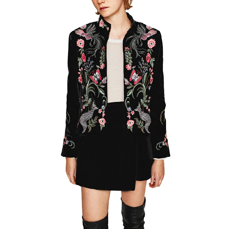 black short Women jacket 2017 chic pattern Floral Embroidery long sleeve Casual Bohemia brand female jacket Outerwear & Coats Denim Jacket Leather Jacket Suede Jacket