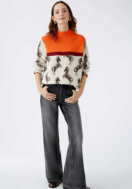 Oui Horse Print Colour Block Jumper, Beige Elasticated Padded Insulated