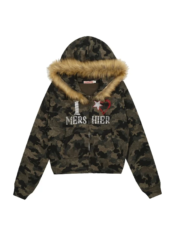 'Mershier' Y2k Camouflage Rhinestone Fluffy Hood Jacket Fleece Fabric Down Fabric Feather Fabric