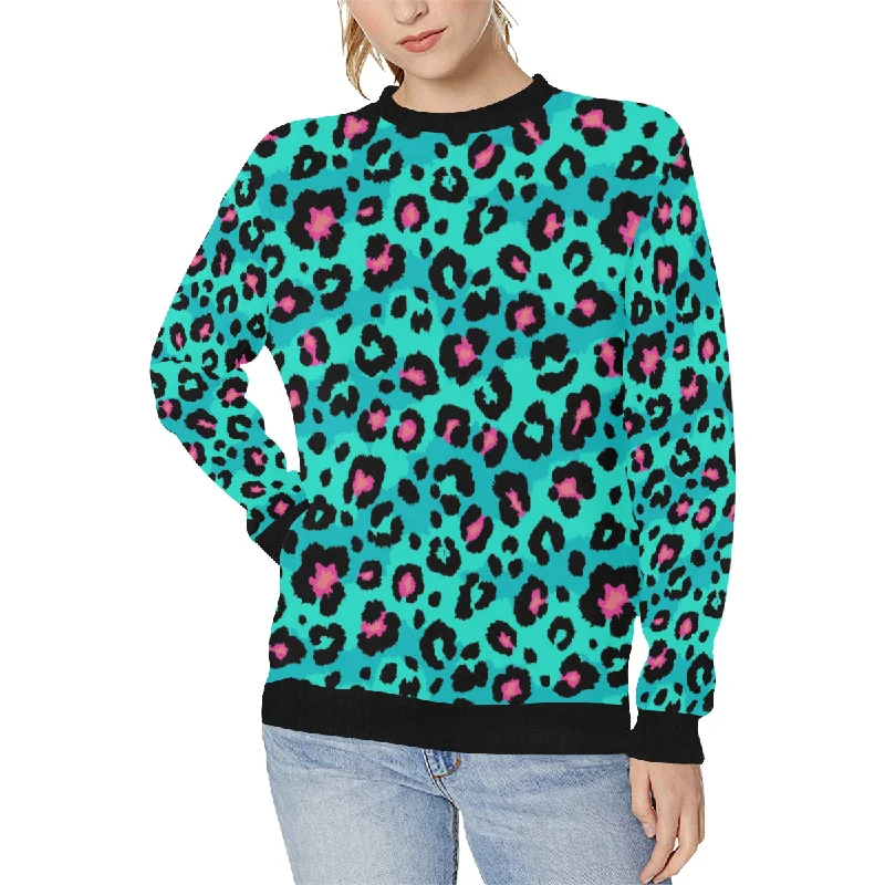 Green leopard skin print pattern Women's Crew Neck Sweatshirt Hoodie with V-Neck Classic Versatile