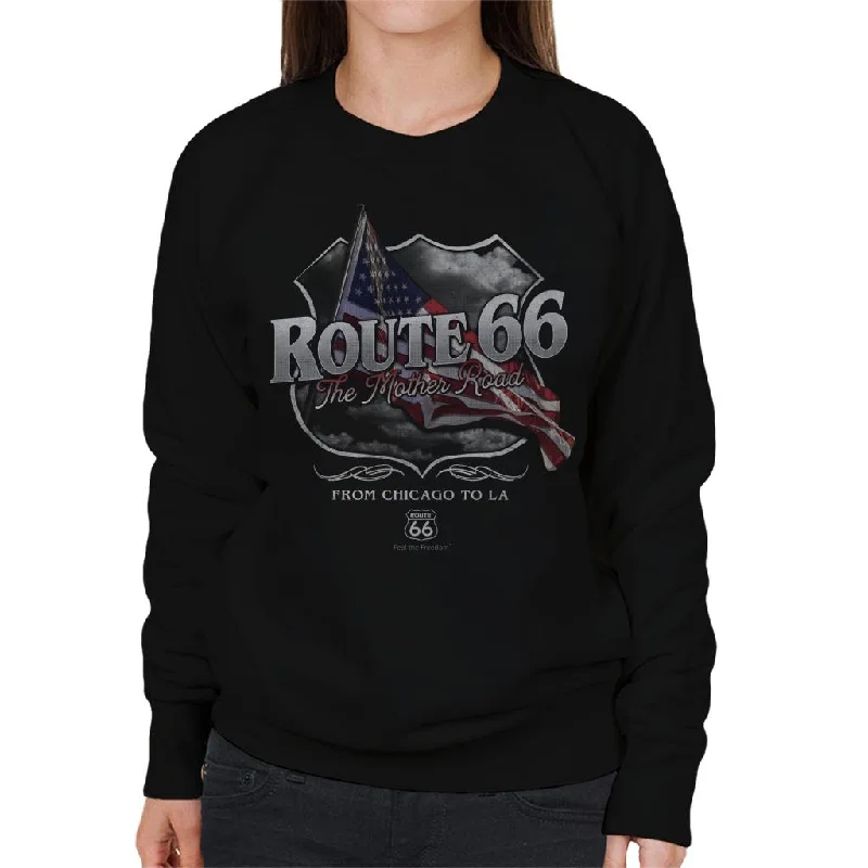 Route 66 Mother Road American Flag Women's Sweatshirt Hoodie with Mock Neck Collared Structured