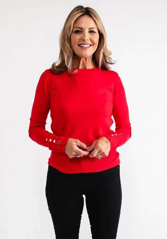 Serafina Collection Button Detail Sweater, Red Ribbed Striped Patterned
