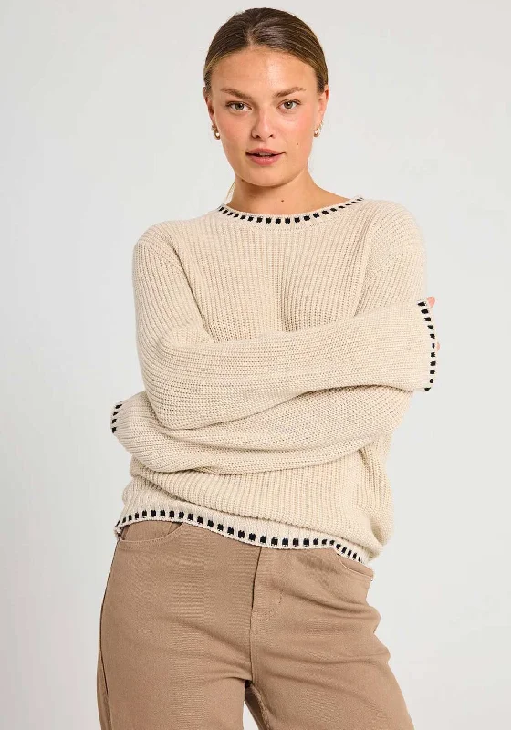 Freequent Ellis Contrast Trim Knit Jumper, Beige Stylish Fashionable Trendy