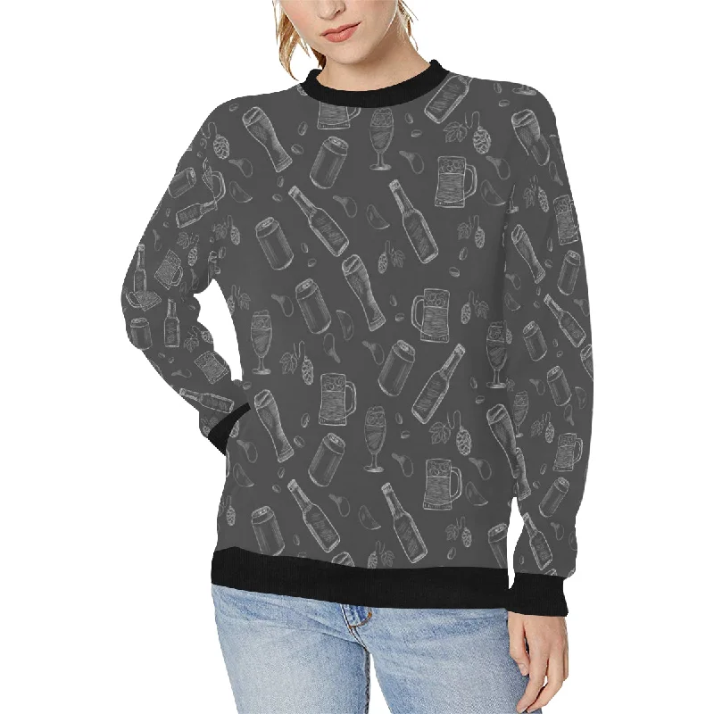 Beer hand drawn pattern Women's Crew Neck Sweatshirt Hoodie with Hem Frayed Vintage Worn