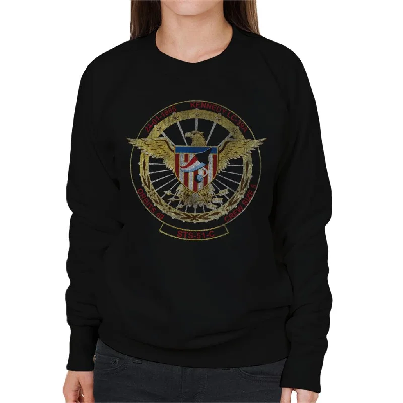 NASA STS 51 C Discovery Mission Badge Distressed Women's Sweatshirt Hoodie with Full-Zip Functional Layering
