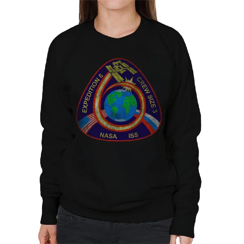 NASA ISS Expedition 6 STS 113 Mission Badge Distressed Women's Sweatshirt Hoodie with Hem Frayed Vintage Worn