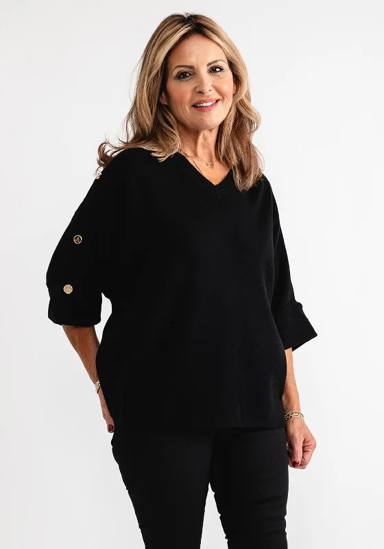 Serafina Collection Gold Button Detail Jumper, Black Cable Knit Ribbed Knit Lace Knit