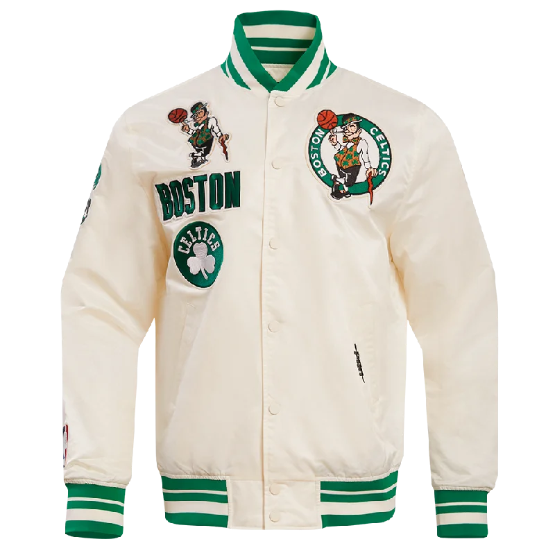 NBA BOSTON CELTICS RETRO CLASSIC MEN'S RIB SATIN JACKET (EGGSHELL/ KELLY GREEN) Quilted Jacket Puffer Jacket Insulated Jacket