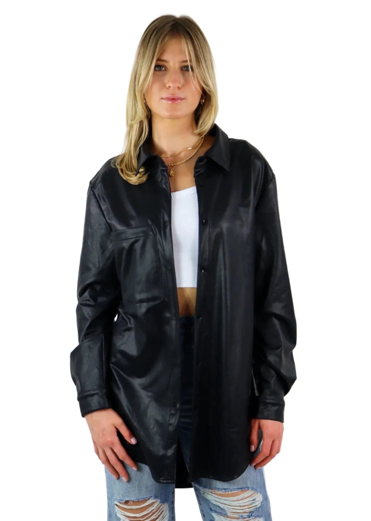 Rock N Rags - "Lost Me" Leather Shacket / Shirt Jacket - Black - Faux Leather Oversized Plaid Jacket Tartan Jacket Houndstooth Jacket