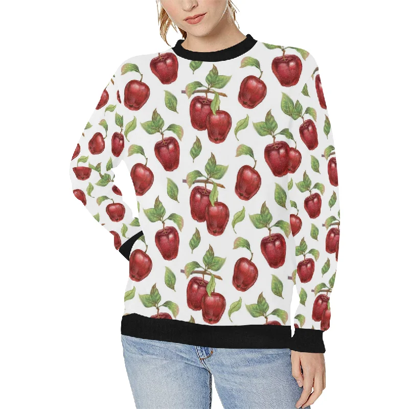 Red apples pattern Women's Crew Neck Sweatshirt Hoodie with Button Classic Timeless