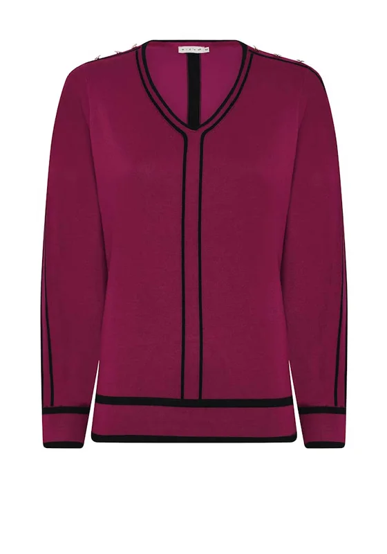 Micha V Neck Colour Block Sweater, Dark Pink Elasticated Padded Insulated