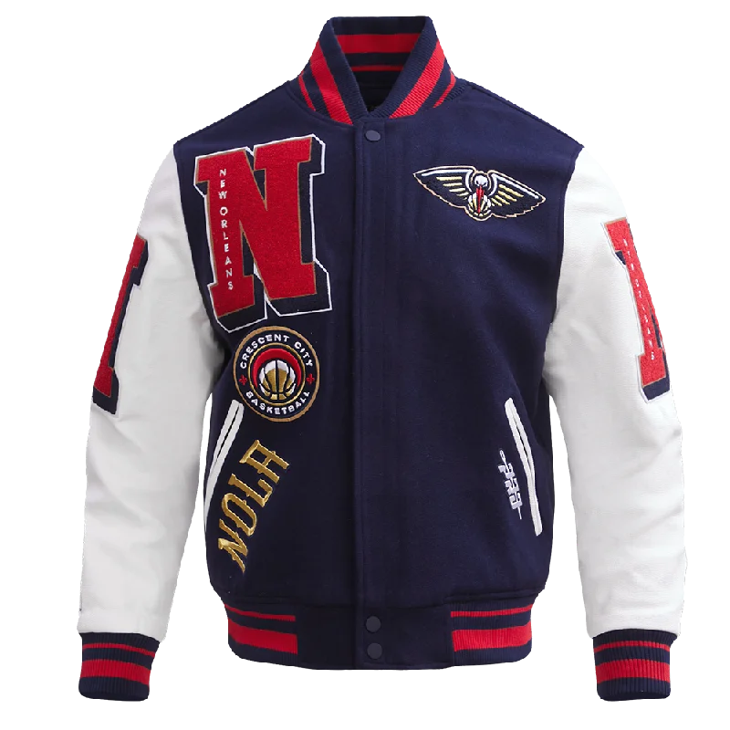 NBA NEW ORLEANS PELICANS MASHUP MEN'S RIB WOOL VARSITY JACKET (MIDNIGHT NAVY/RED/MIDNIGHT NAVY) Hoodie Zip-Up Jacket Button-Up Jacket