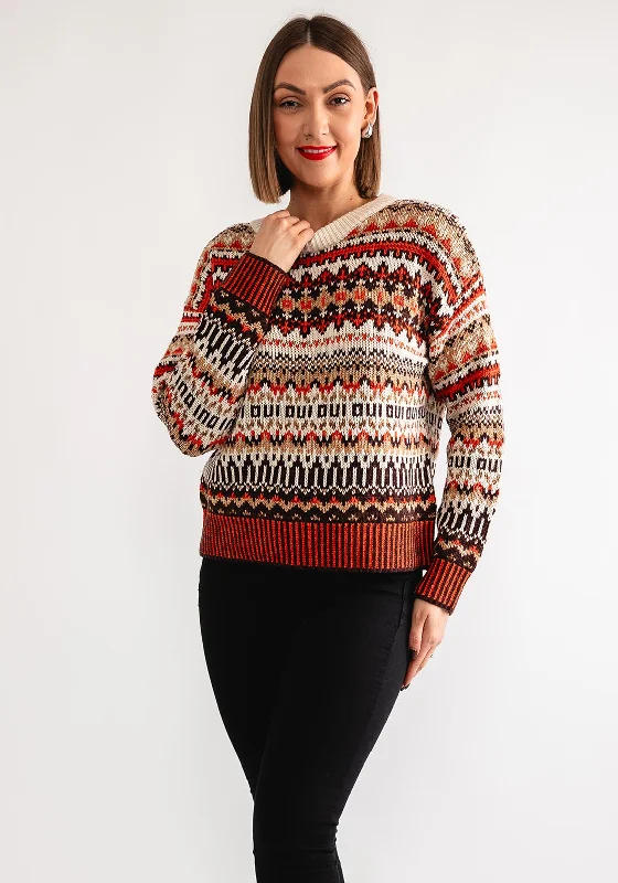 Oui Fairisle Print Glitter Detail Jumper, Orange Welt Pockets Slit Pockets Flap Pockets