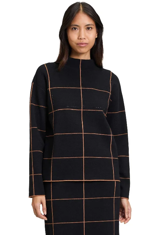 Betty Barclay Grid Print Knit Jumper, Black Satin Blend Silk Blend Wool Blend