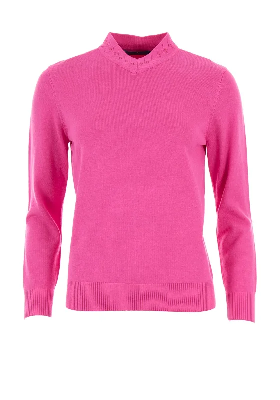 Castle of Ireland Embellished V Neck Jumper, Pink Hooded Caped Shawl Collar
