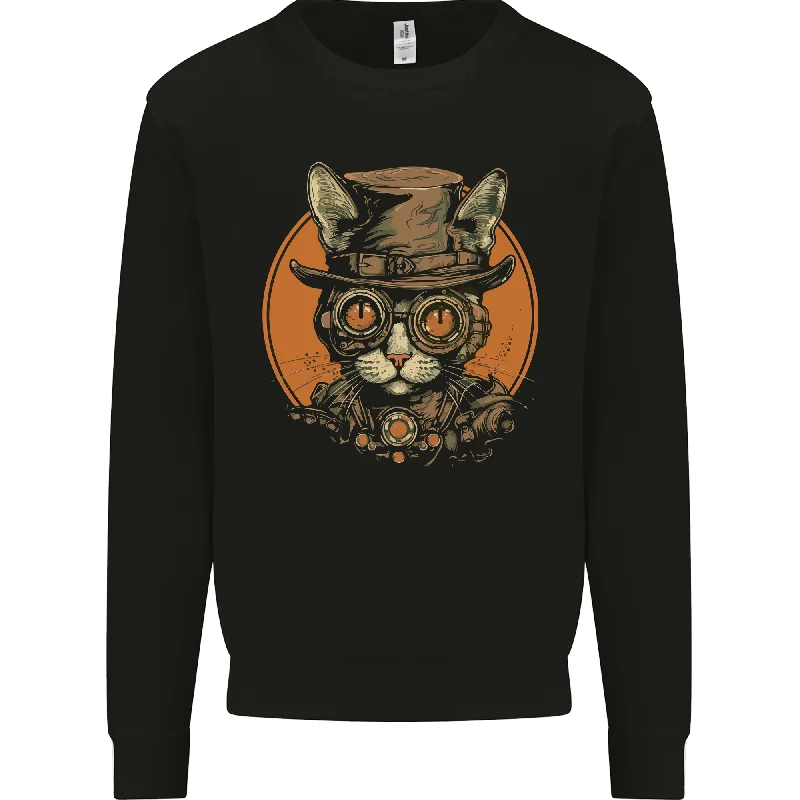 A Steampunk Cat With a Hat & Glasses Mens Sweatshirt Jumper Hoodie with Embroidery Detailed Premium