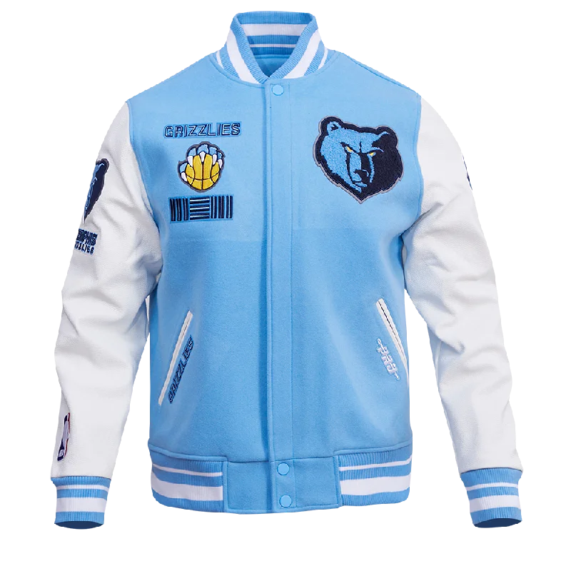 NBA MEMPHIS GRIZZLIES RETRO CLASSIC MEN'S RIB WOOL VARSITY JACKET (UNIVERSITY BLUE/WHITE) Anorak Shell Jacket Lightweight Jacket
